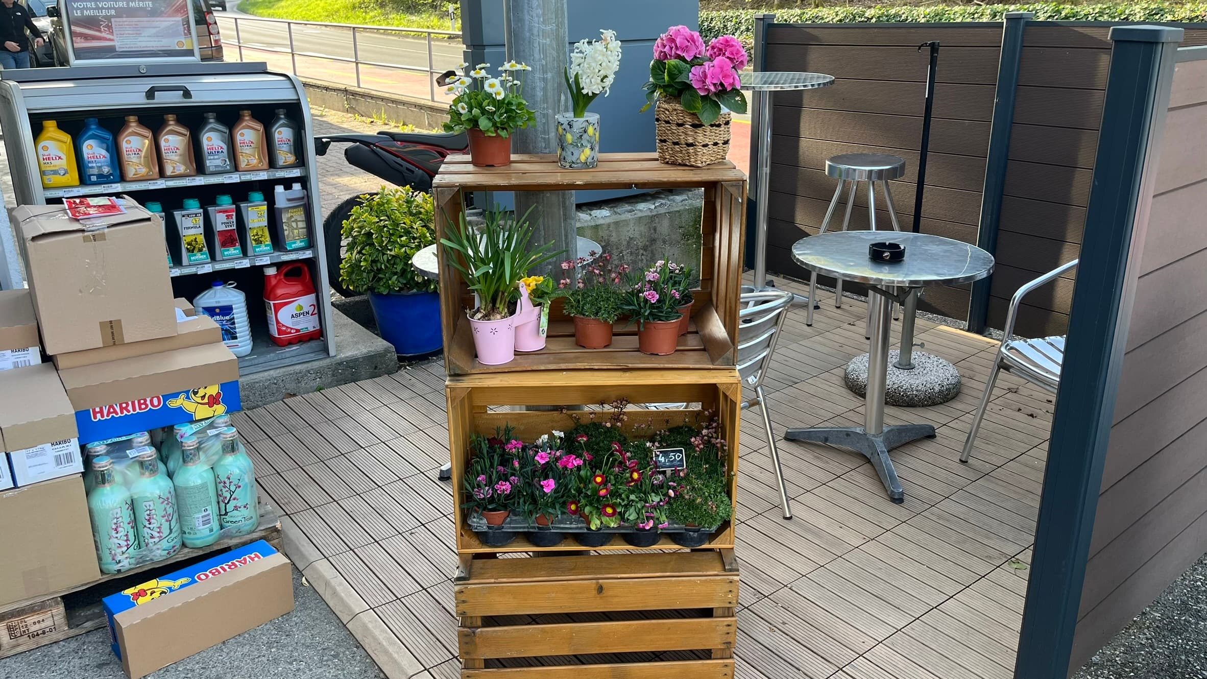 Fleurs et plantes de saison en vente à la Station-Service Maison-Blanche, Chancy